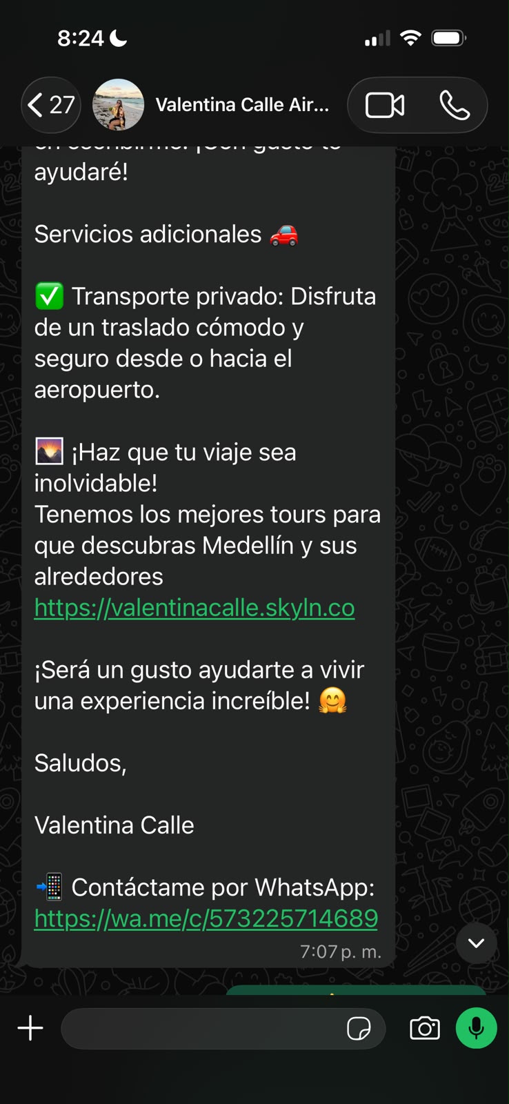 Mensaje de Valentina a sus huéspedes de Airbnb con su link de embajadora
